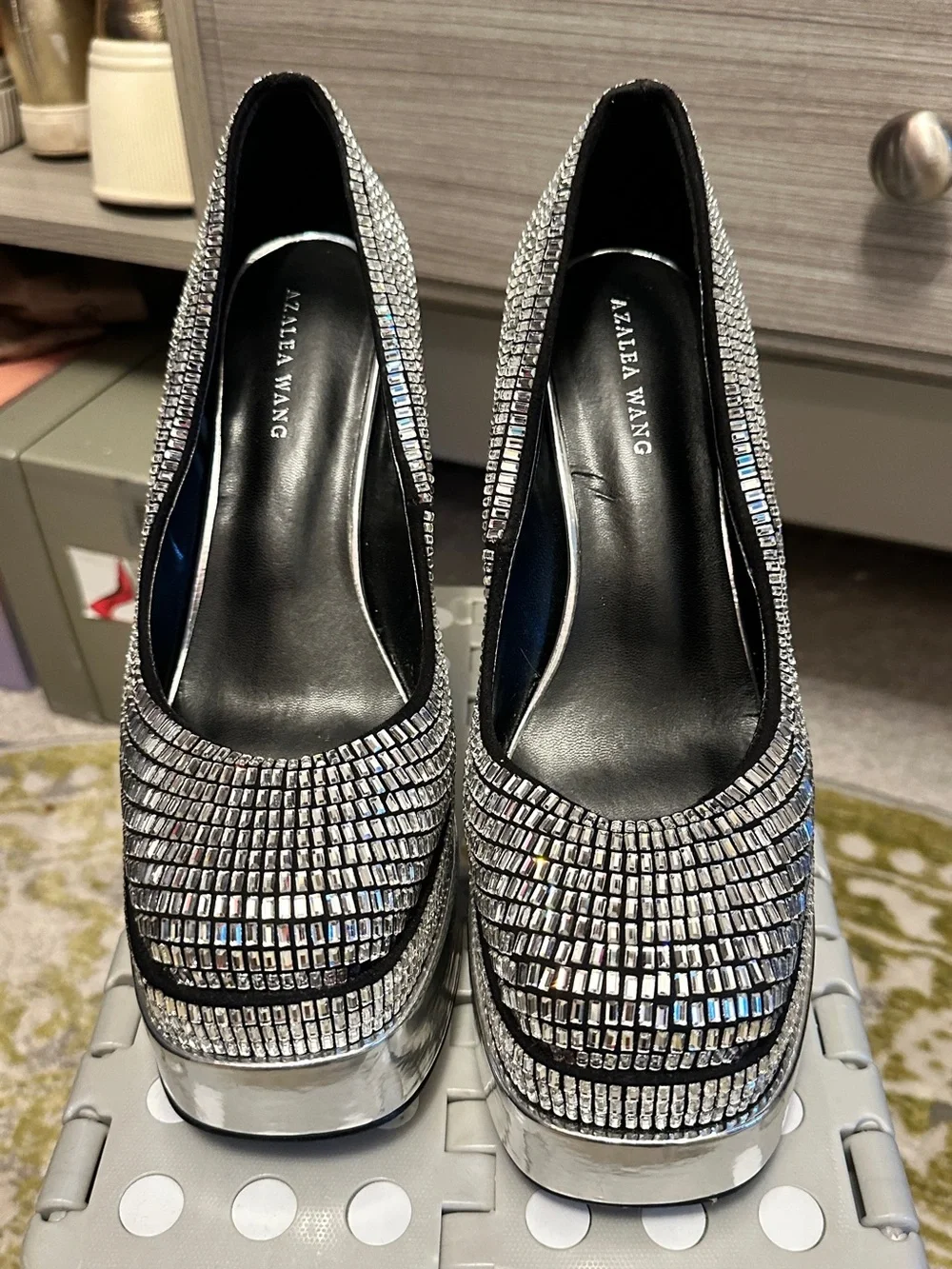 Women's Silver Platform Block Heel Pumps - Embellished